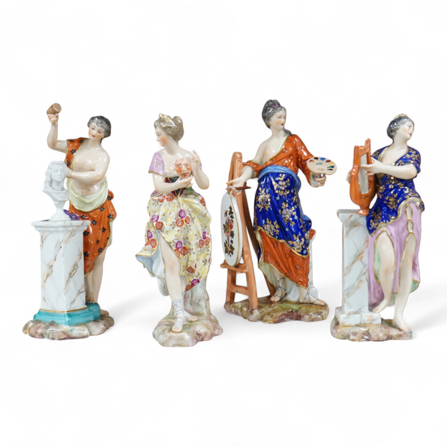 A set of four French Derby style porcelain figures, emblematic of art, sculpture, music and theatre, tallest art 22.5cm high